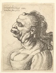 Byst av en kvinna som bär lågt skuren klänning, med utskjutande läpp, utväxt i pannan, promi..., 1660.