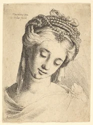 Byst av en ung kvinna med utarbetad huvudbonad, tittar ner., 1625-77.