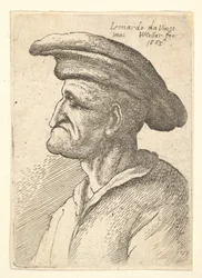 Byst av äldre man med näsa som möter underläppen, bär bred platt mössa i profil t..., 1665.