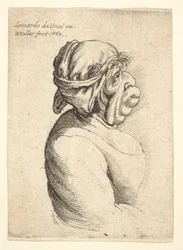 Byst av kvinna med utstående mun iklädd lågskuren klänning och tyg bunden runt hennes huvud..., 1660.
