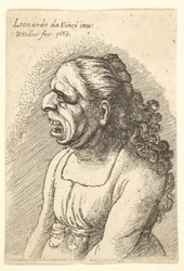 Byst av kvinna med vidöppen mun och långt lockigt hår som faller över hennes axlar, klädd i..., 1665.