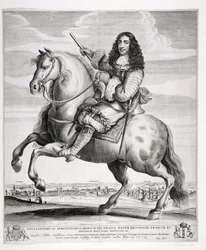 Ryttarporträtt av Karl II (1630-85) med ett landskap, publicerat ca 1670