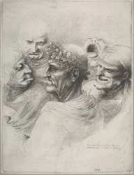 Fem groteska huvuden, inklusive en äldre man med en eklövskrans, 1646., 1646.