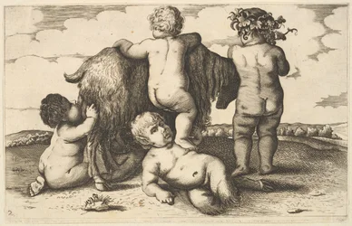 Fyra pojkar, en ung satyr och en get kopia, 1600-tal.
