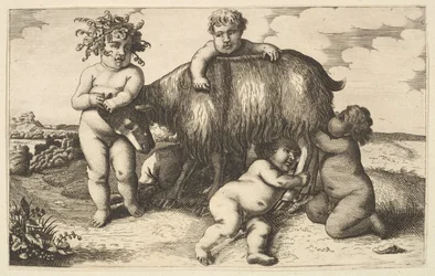 Fyra pojkar, en ung satyr, och en get kopia på omvänd, 1600-tal.