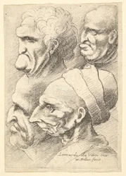 Fyra groteska huvuden i profil till vänster, 1625-77.