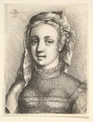 Huvud och axlar av en kvinna med slöja och genomskinlig halsduk, 1645.