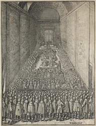 Interiör av House of Lords i session, Palace of Westminster, London, c1650