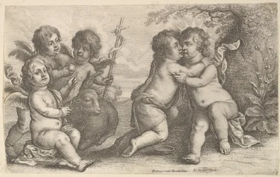 Jesus och St. Johannes omfamnar, med keruber, 1646.