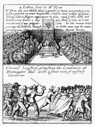 John Pym läser upp ett brev i underhuset; Överste Thomas Lunsford och hans soldater attackerar Londonbor