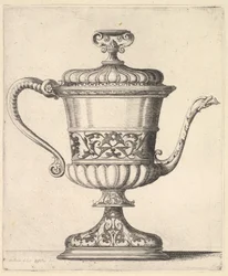 Kanna med lock, graverad med arabeskmönster, den smala pipen till höger slutar på snak..., 1625-77.