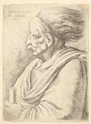 Man med karikerade drag och hår som strömmar bakom, i halvlängd till vänster, 1648.