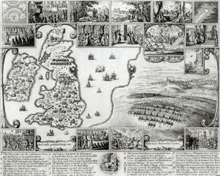 Karta över inbördeskriget England och utsikt över Prag, 1632