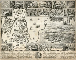 Karta över de brittiska öarna och illustrationer av 1600-talets historiska händelser, c1659