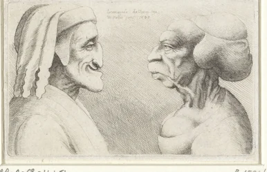 Deformerade karikatyrhuvuden av en man med hatt (Dante?) och en kvinna Varie figurae et probae (serietitel) Karikatyrer, huvuden och missbildningar efter Leonardo da Vinci (serietitel)