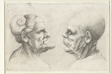 Deformerade huvuden på en skallig man och kvinna med horn på huvudet Varie figurae et probae (serietitel) Karikatyrer, huvuden och missbildningar efter Leonardo da Vinci (serietitel)