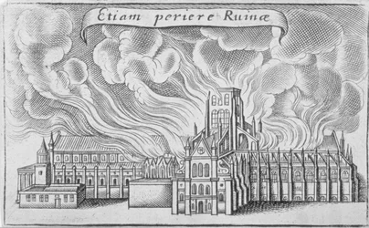Gamla St Paul’s Cathedral i brand under Londons stora brand, 1666