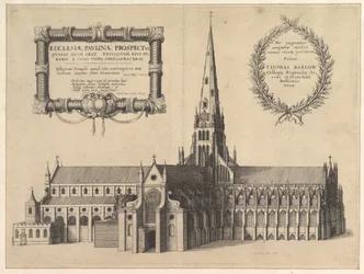 Saint Pauls från söder som visar spiran av Church of Pauline Prospectus..., 1657