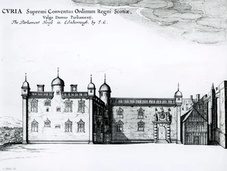 Parlamentshuset i Edinburgh (gravyr) (bundw foto)