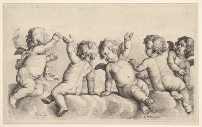Tre keruber och två pojkar på molnen, 1620-77.