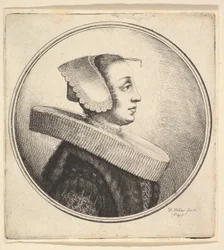 Kvinna med rund krage, huva och hårnål, i profil till höger, 1645.