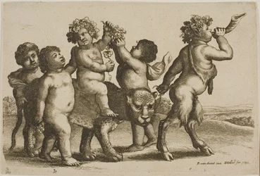 Ung Bacchus rider på en leopard ledd av en satyr som blåser i ett horn