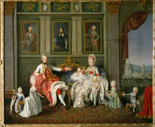 Piero Leopoldo, storhertig av Toscana, sedermera kejsar Leopold II, hans hustru Maria Ludovica, infanta av Spanien, och sex av deras 16 barn (målning på duk)