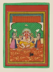 Sittande Ganesha med skötare, sent 1800-tidigt 1900-tal (gouache på papper)