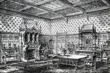 Design för en gotisk matsal, publicerad i The House-Furnisher & Decorator, 1 september 1872