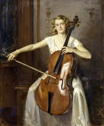 Porträtt av Florence Hooton som spelar cello. Av Wilfred de Glehn