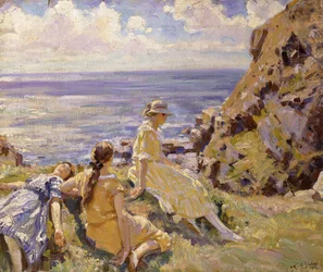 Konstnärernas brorsdöttrar på klipporna vid Frying Pan, Cadgwith, Cornwall