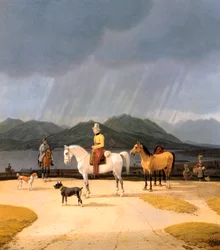 ""Cavaliers sur le lac Tegern Allemagne"" (Rittare vid Tegernsee) Peinture de Wilhelm Ritter von Kobell (1766-1853) 1832 Olja på trä Dim 282x263 cm Statliga museer, Berlin