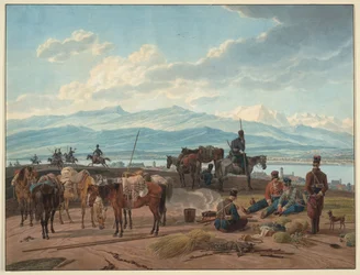 Halt av ryska kosacker - Kobell, Wilhelm, Ritter von (1766-1853) - 1804 - Akvarell på papper - 36,8x48,2 - Privat samling