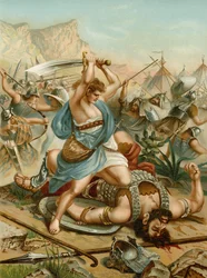 David dödar Goliat (färg litho)