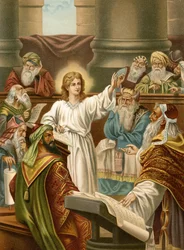 Jesus undervisar i templet (färg litho)