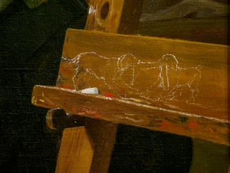 En ung konstnär (Ditlev Blunck) undersöker en skiss i en spegel, detalj