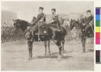 Kejsar Frans Josef I och tsar Nikolaus II vid paraden på Champ-de-Mars i S:t Petersburg