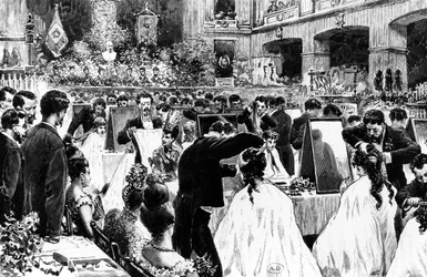 Demonstration av hårstyling av den tyska frisörföreningen vid Berlins konserthus, 1887
