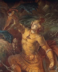 Sigurd dödar draken Fafnir med svärdet Gram, detalj, ur Sigurdsagan, Nedre salen, cirka 1882-83 (väggmålning)