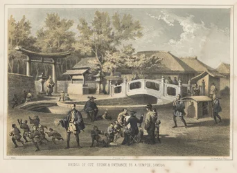 Bro av huggen sten och ingång till ett tempel, Simoda, 1855