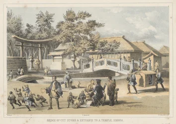 Bro av huggen sten och ingången till ett tempel, Simoda, 1855