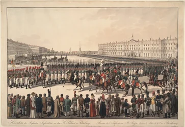 En recension av det ryska infanteriet på Palace Square i St Petersburg, 1809-1813