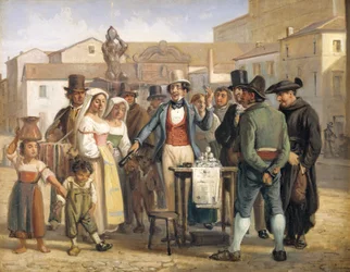 En charlatan som säljer svärtning på Piazza Barberini i Rom
