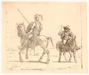 Don Quijote rider till vänster, Sancho Panza till höger