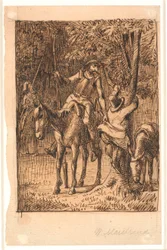 Innan slagsmålet med Mirror Knight hjälper Don Quijote Sancho Panza upp i ett träd