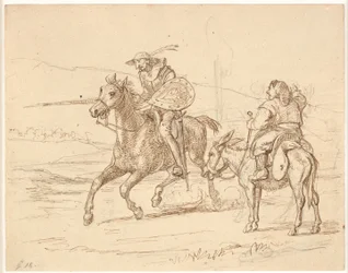 Medan Sancho tittar på attackerar Don Quijote