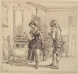 Rosina ger Figaro brevet till greve Almaviva. (Barberaren i Sevilla)