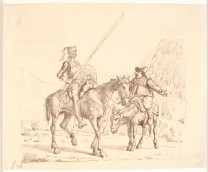 Sancho på åsnan förklarar något för Don Quijote
