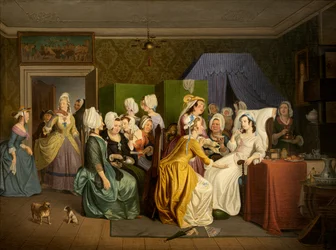 Scen ur Ludvig Holbergs "Maternity Room" (olja på duk)