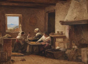 Kvinnor som arbetar i köket på en bondgård nära Olevano, Italien